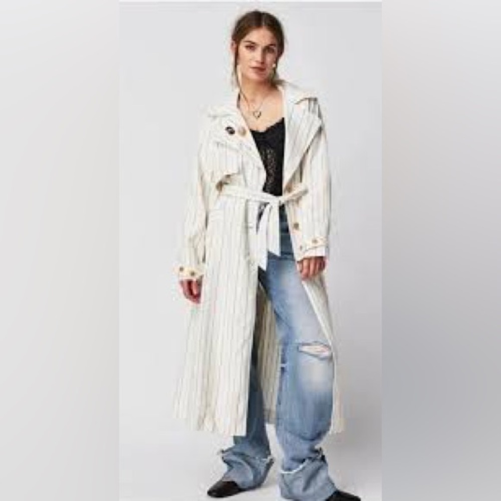 613 - We The Free NWOT Cream Striped Trench Coat, Size Medium